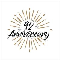 98 years anniversary retro vector emblem isolated template. Vintage logo with ribbon and fireworks on white background