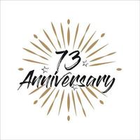 73 years anniversary retro vector emblem isolated template. Vintage logo with ribbon and fireworks on white background