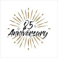 85 years anniversary retro vector emblem isolated template. Vintage logo with ribbon and fireworks on white background