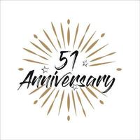 51 years anniversary retro vector emblem isolated template. Vintage logo with ribbon and fireworks on white background