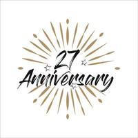 27 years anniversary retro vector emblem isolated template. Vintage logo with ribbon and fireworks on white background