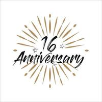 16 years anniversary retro vector emblem isolated template. Vintage logo with ribbon and fireworks on white background