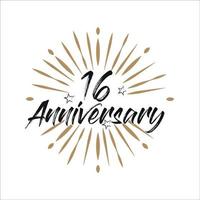 16 years anniversary retro vector emblem isolated template. Vintage logo with ribbon and fireworks on white background