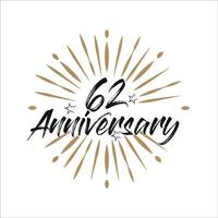 62 years anniversary retro vector emblem isolated template. Vintage logo with ribbon and fireworks on white background