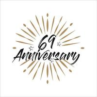 69 years anniversary retro vector emblem isolated template. Vintage logo with ribbon and fireworks on white background