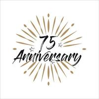 75 years anniversary retro vector emblem isolated template. Vintage logo with ribbon and fireworks on white background