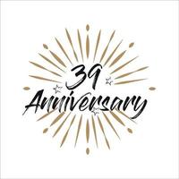 39 years anniversary retro vector emblem isolated template. Vintage logo with ribbon and fireworks on white background