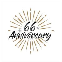 66 years anniversary retro vector emblem isolated template. Vintage logo with ribbon and fireworks on white background