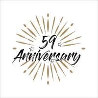 59 years anniversary retro vector emblem isolated template. Vintage logo with ribbon and fireworks on white background