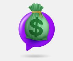 Speech cloud with sack of money. 3d vector isolated illustration