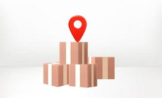 Postage boxes with map pin. Shipping concept. 3d vector illustration