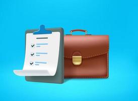 Briefcase with contract list. 3d vector illustration