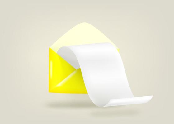 Paper envelope with white sheet. 3d vector illustration