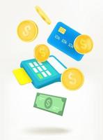 Shopping and ecommerce concept with payment terminal and money. Banner with copy space vector