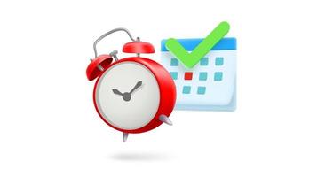 Red alarm clock with calendar. 3d vector illustration