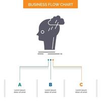 Brainstorm. creative. head. idea. thinking Business Flow Chart Design with 3 Steps. Glyph Icon For Presentation Background Template Place for text. vector