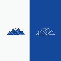 montaña. paisaje. Cerro. naturaleza. línea de escena y botón web de glifo en banner vertical de color azul para ui y ux. sitio web o aplicación móvil vector