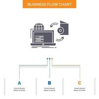 Disc. online. game. publish. publishing Business Flow Chart Design with 3 Steps. Glyph Icon For Presentation Background Template Place for text. vector