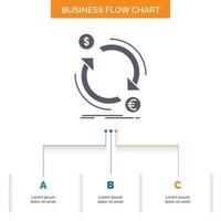 exchange. currency. finance. money. convert Business Flow Chart Design with 3 Steps. Glyph Icon For Presentation Background Template Place for text. vector