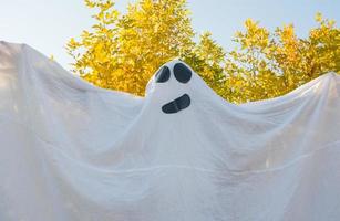 Halloween ghost, dancing in the autumn yellow forest, waving his hands. A merry ghost in a white sheet. photo