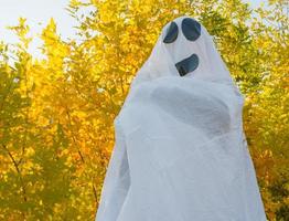Halloween ghost, dancing in the autumn yellow forest, waving his hands. A merry ghost in a white sheet. photo