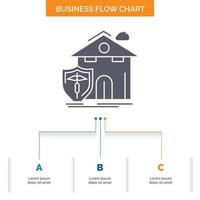 insurance. home. house. casualty. protection Business Flow Chart Design with 3 Steps. Glyph Icon For Presentation Background Template Place for text. vector