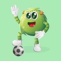 Cute green monster play football, soccer ball vector