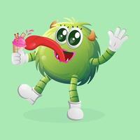 Cute green monster eat ice cream vector