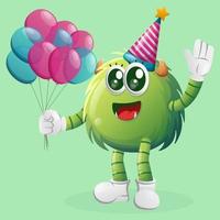 lindo monstruo verde con un sombrero de cumpleaños, sosteniendo globos vector