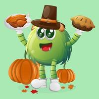 Cute green monster celebrate thanksgiving vector