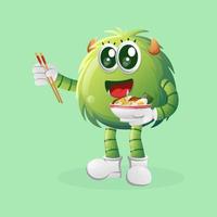 Cute green monster eat ramen vector