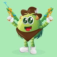 Cute green monster playing with water gun toy vector