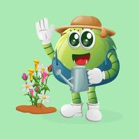 Cute green monster gardening taking care of plants vector