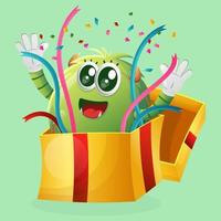 Cute green monster that appeared in the gift box, surprising vector