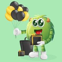 Cute green monster holding gift box celebrate black friday vector