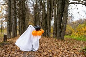 un niño en sábanas con ojos cortados como un disfraz de fantasma en un bosque de otoño asusta y aterroriza. un pequeño fantasma amable y divertido. fiesta de Halloween foto