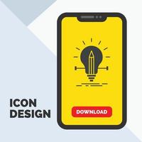 bulbo. creativo. solución. luz. icono de glifo de lápiz en el móvil para la página de descarga. fondo amarillo vector