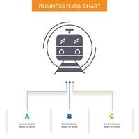 metro. tren. inteligente. público. diseño de diagrama de flujo de negocios de transporte con 3 pasos. icono de glifo para el lugar de plantilla de fondo de presentación para texto. vector