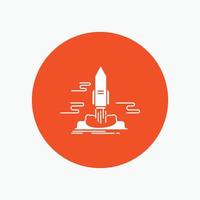 launch. Publish. App. shuttle. space White Glyph Icon in Circle. Vector Button illustration