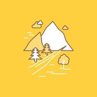 rocas árbol. Cerro. montaña. icono lleno de línea plana de naturaleza. hermoso botón de logotipo sobre fondo amarillo para ui y ux. sitio web o aplicación móvil vector