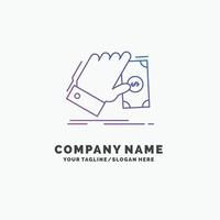 business. hand. money. earn. dollar Purple Business Logo Template. Place for Tagline vector