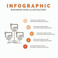 base de datos. repartido. conexión. la red. plantilla de infografías de computadora para sitio web y presentación. icono de línea gris con ilustración de vector de estilo infográfico naranja