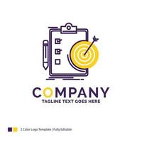 Company Name Logo Design For goals. report. analytics. target. achievement. Purple and yellow Brand Name Design with place for Tagline. Creative Logo template for Small and Large Business. vector