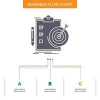 metas. reporte. analítica. objetivo. diseño de diagrama de flujo empresarial de logro con 3 pasos. icono de glifo para el lugar de plantilla de fondo de presentación para texto. vector