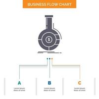 análisis. analítica. bancario. negocio. diseño de diagrama de flujo de negocios financieros con 3 pasos. icono de glifo para el lugar de plantilla de fondo de presentación para texto. vector