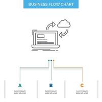 sync. processing. data. dashboard. arrows Business Flow Chart Design with 3 Steps. Line Icon For Presentation Background Template Place for text vector