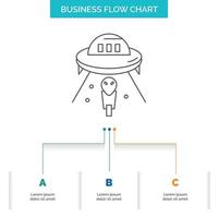 alien. space. ufo. spaceship. mars Business Flow Chart Design with 3 Steps. Line Icon For Presentation Background Template Place for text vector