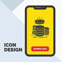 monedas Finanzas. oro. ingreso. icono de glifo de ahorro en el móvil para la página de descarga. fondo amarillo vector