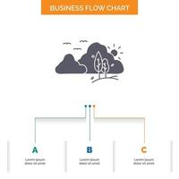 mountain. landscape. hill. nature. tree Business Flow Chart Design with 3 Steps. Glyph Icon For Presentation Background Template Place for text. vector