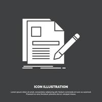 documento. expediente. página. lápiz. icono de reanudar. símbolo de vector de glifo para ui y ux. sitio web o aplicación móvil